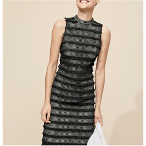 J. Crew Black & Tan Fringy Lace Hick Neck Sheath Business/Cocktail Midi Dress